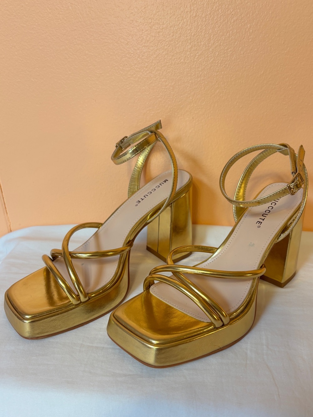 Metallic Gold Platform Block Heel Sandals